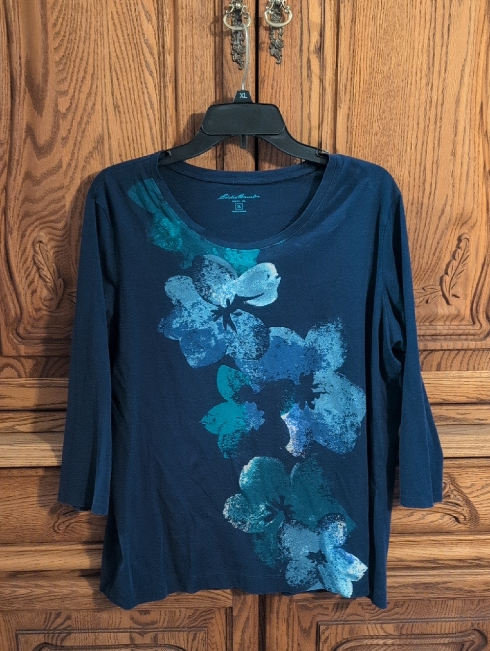 Eddie Bauer Navy Floral Scoop Neck Long Sleeve Tee with Teal Accents